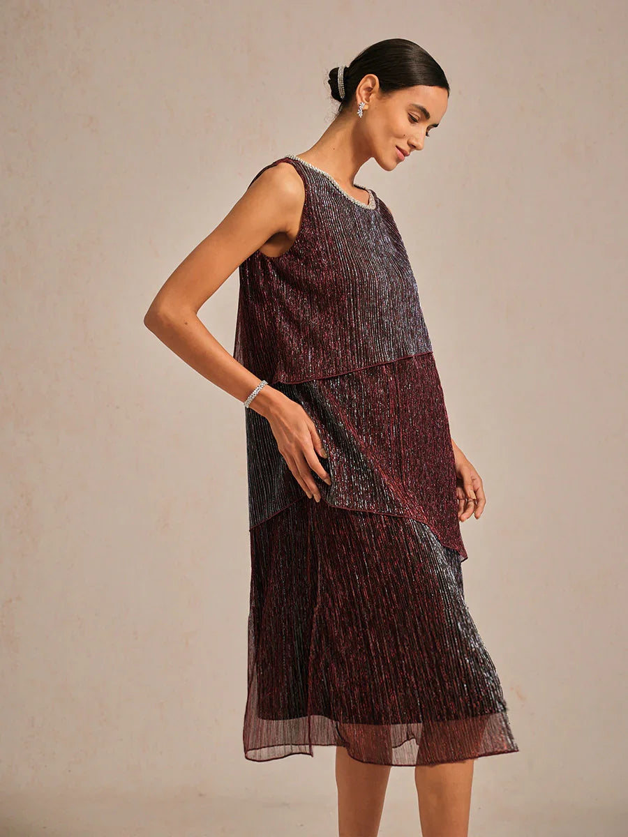 Metallic Pleated Chiffon Midi Dress with Beaded Round Neck