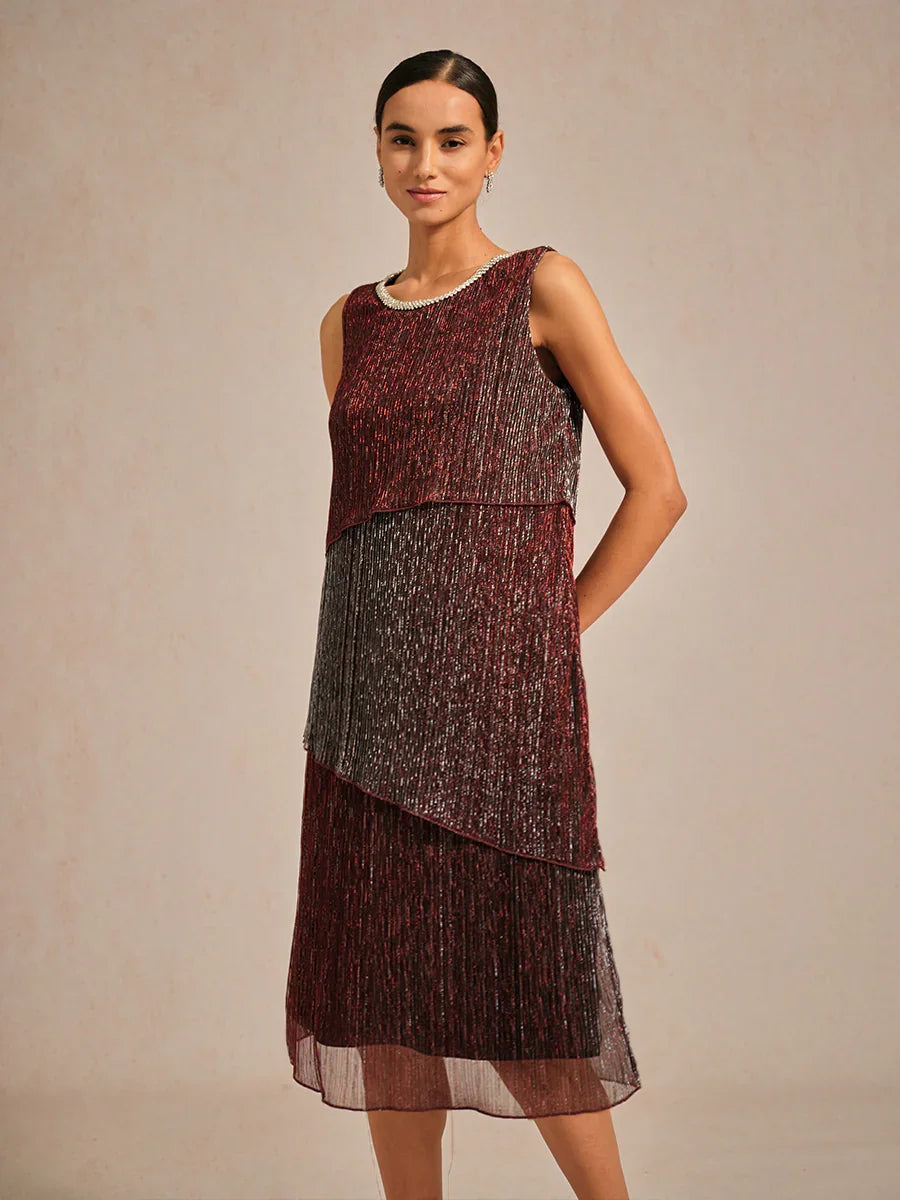 Metallic Pleated Chiffon Midi Dress with Beaded Round Neck