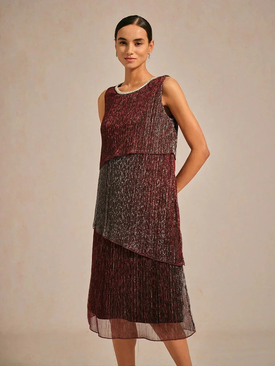 Metallic Pleated Chiffon Midi Dress with Beaded Round Neck