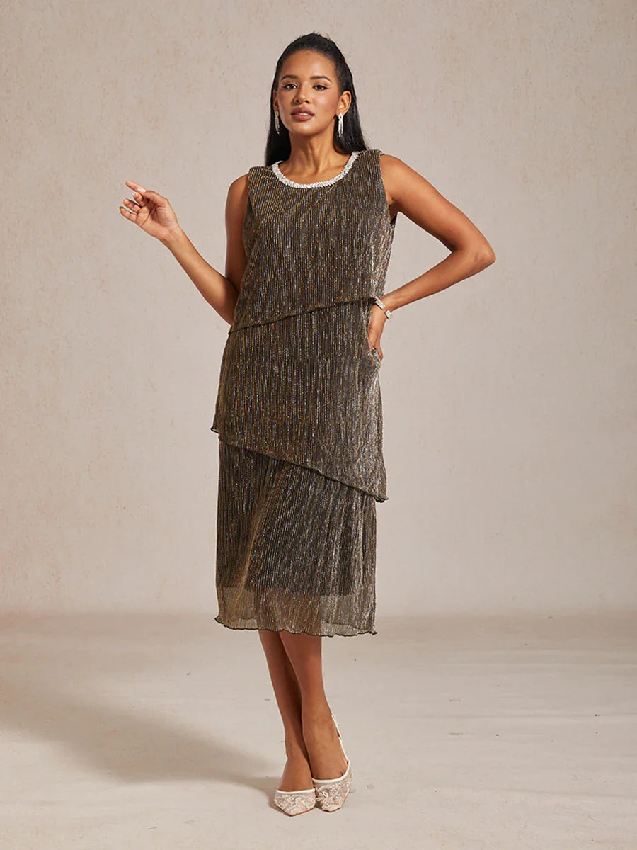 Metallic Pleated Chiffon Midi Dress with Beaded Round Neck