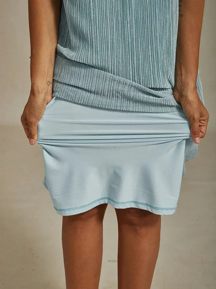 Metallic Pleated Chiffon Midi Dress with Beaded Round Neck