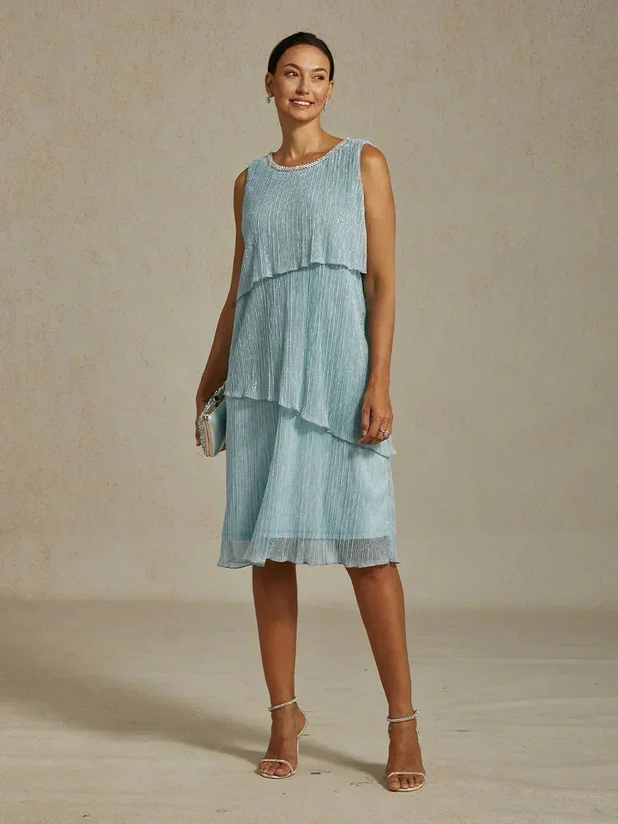 Metallic Pleated Chiffon Midi Dress with Beaded Round Neck – msglamor