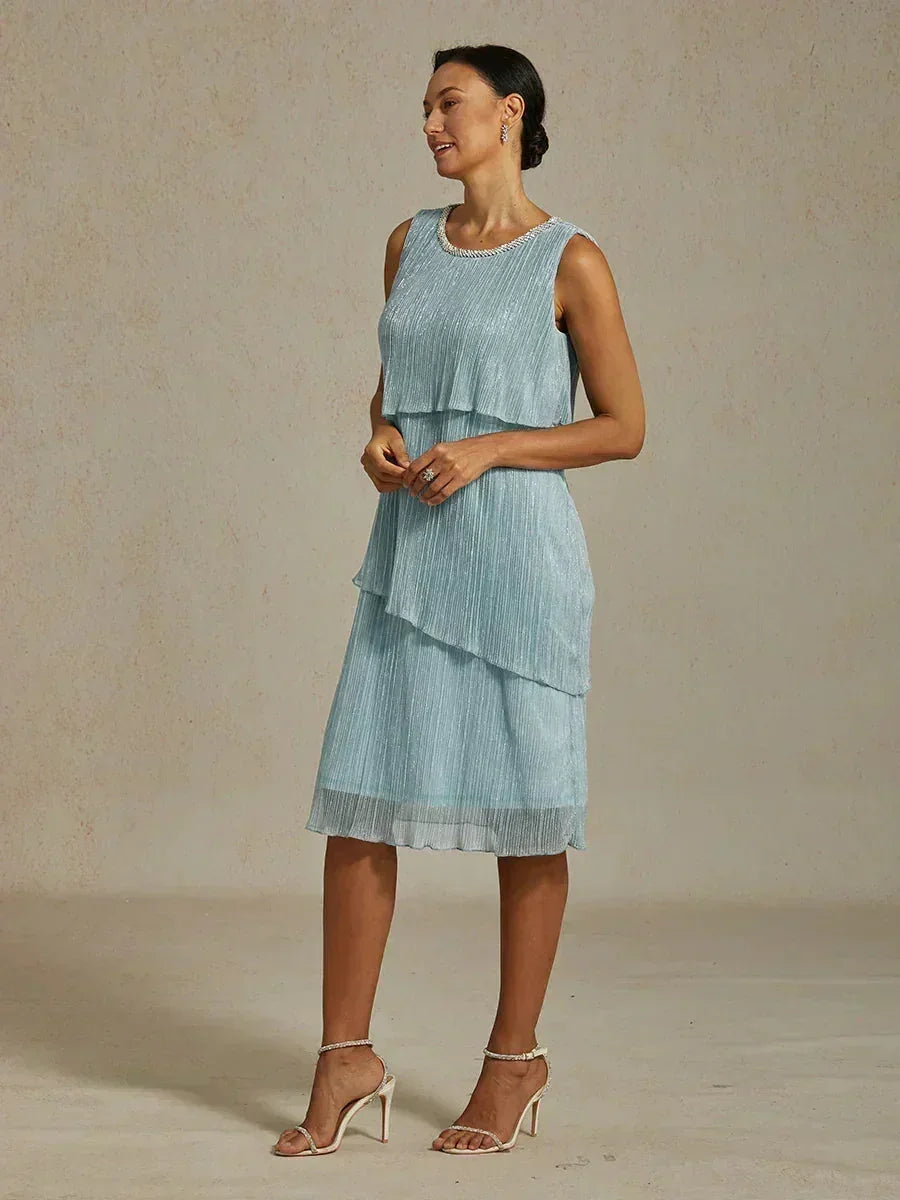 Metallic Pleated Chiffon Midi Dress with Beaded Round Neck