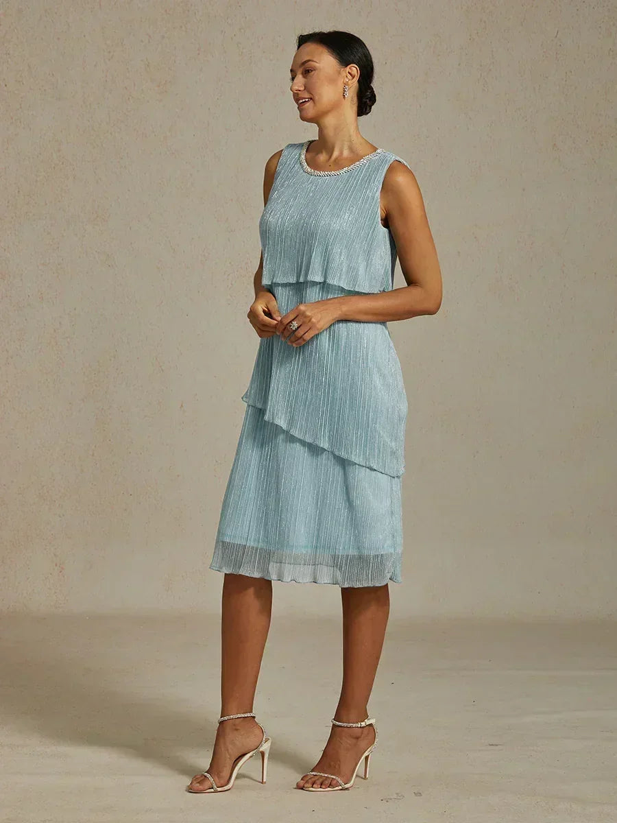 Metallic Pleated Chiffon Midi Dress with Beaded Round Neck