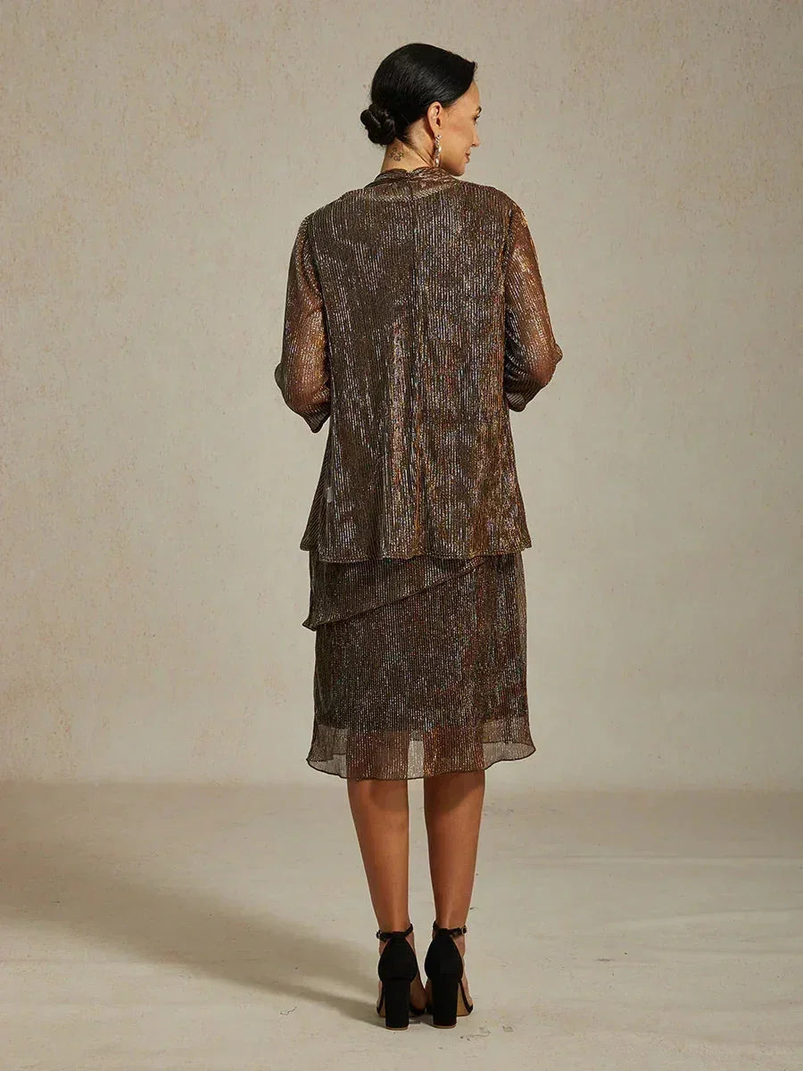 Metallic Pleated Chiffon Midi Dress with Beaded Round Neck