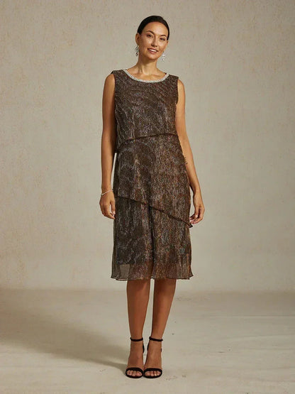 Metallic Pleated Chiffon Midi Dress with Beaded Round Neck