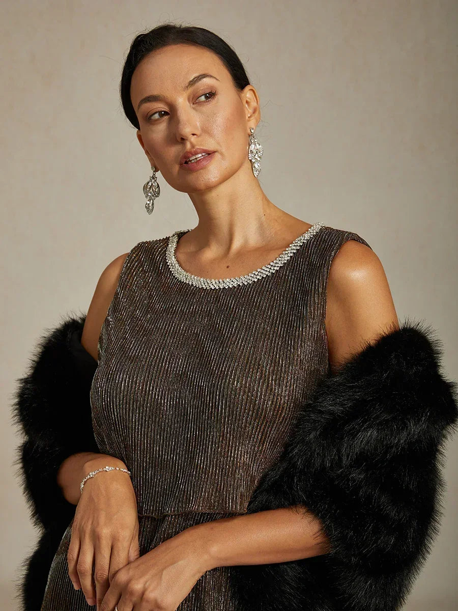 Metallic Pleated Chiffon Midi Dress with Beaded Round Neck