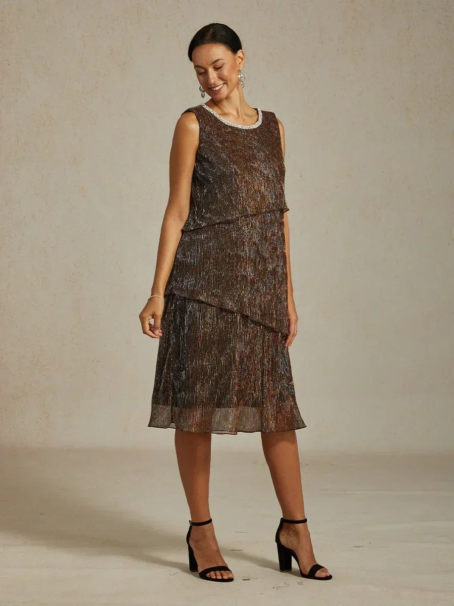 Metallic Pleated Chiffon Midi Dress with Beaded Round Neck