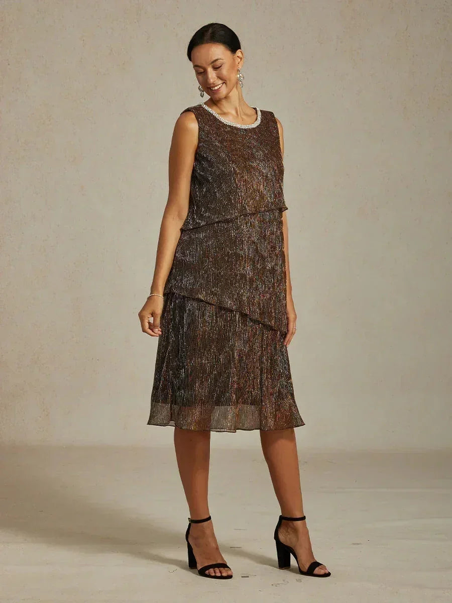 Metallic Pleated Chiffon Midi Dress with Beaded Round Neck