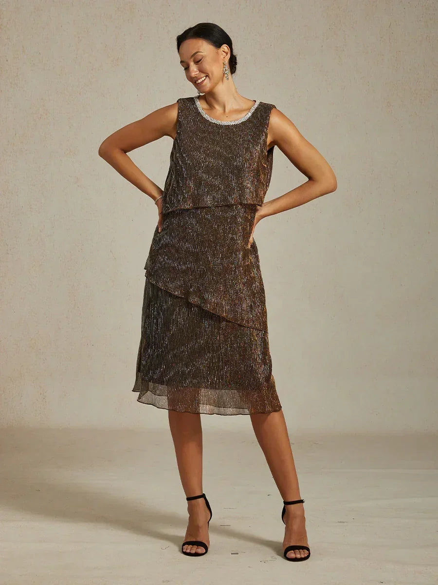 Metallic Pleated Chiffon Midi Dress with Beaded Round Neck