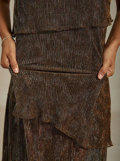 Metallic Pleated Chiffon Midi Dress with Beaded Round Neck