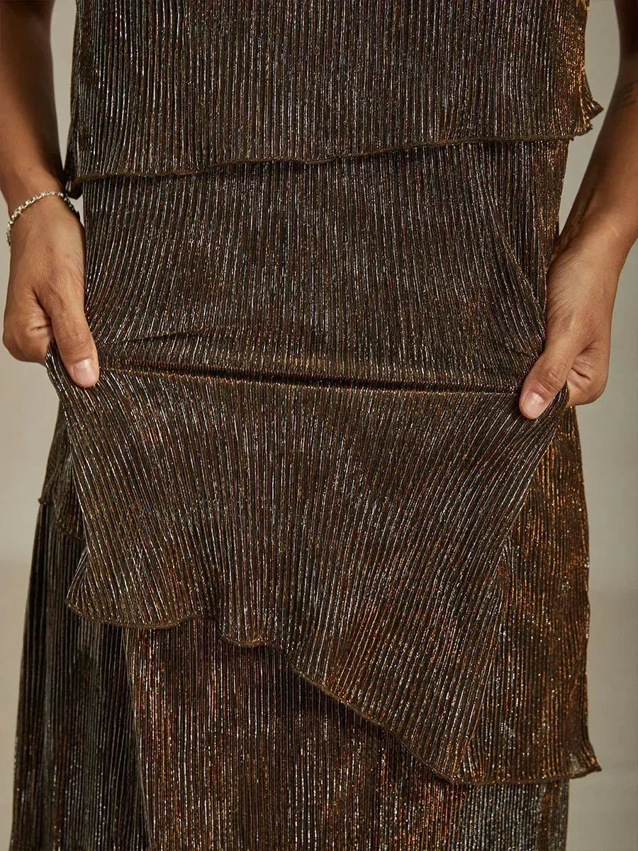 Metallic Pleated Chiffon Midi Dress with Beaded Round Neck