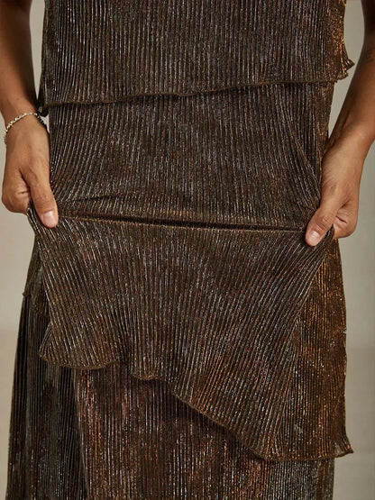 Metallic Pleated Chiffon Midi Dress with Beaded Round Neck