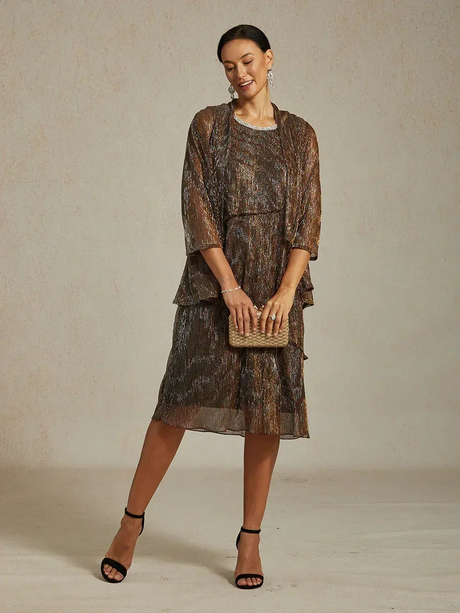 Metallic Pleated Chiffon Midi Dress with Beaded Round Neck