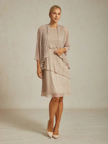 Metallic Pleated Chiffon Long Jacket with Layered Design
