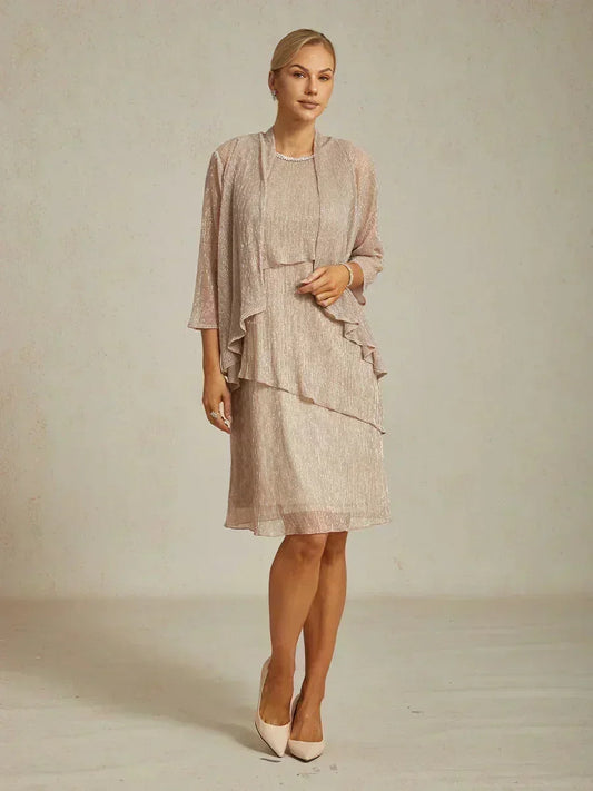 Metallic Pleated Chiffon Long Jacket Dress