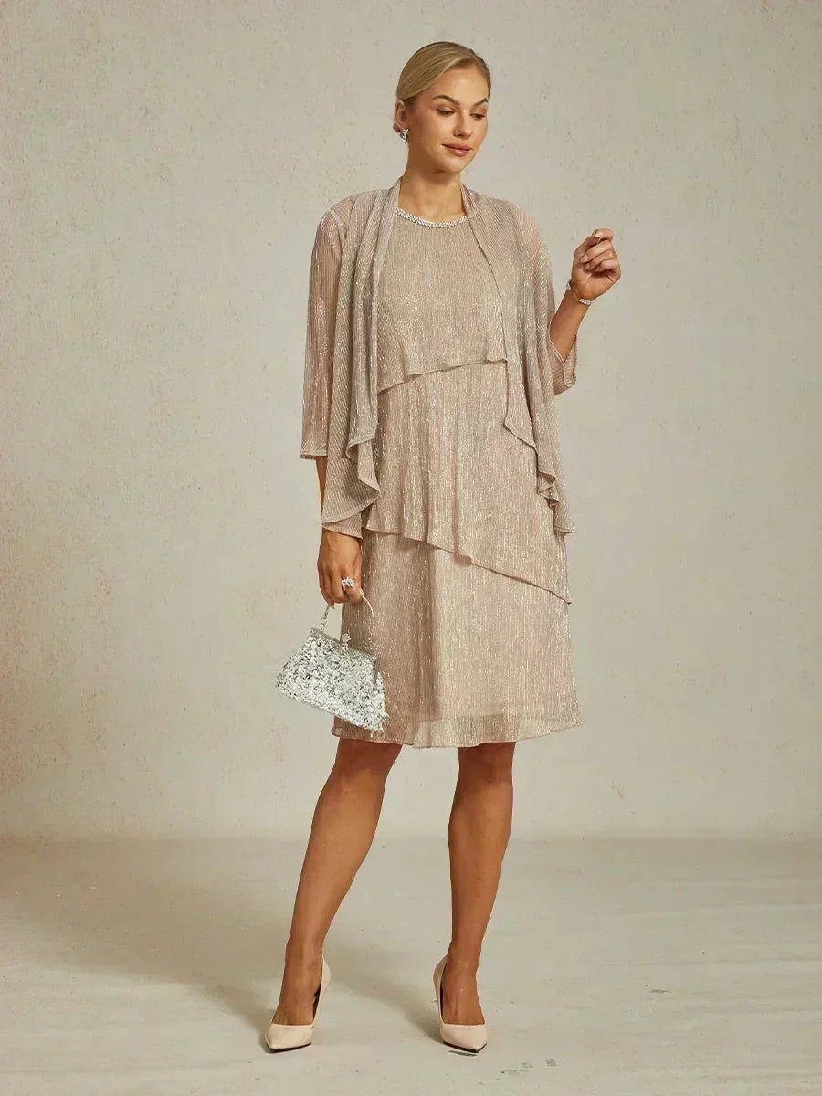 Metallic Pleated Chiffon Long Jacket Dress