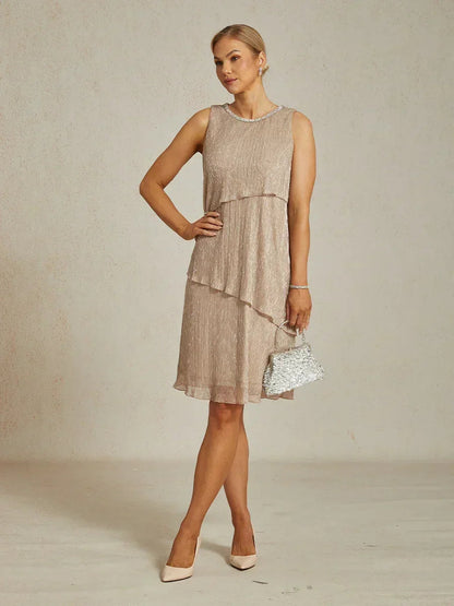 Metallic Pleated Chiffon Midi Dress with Beaded Round Neck