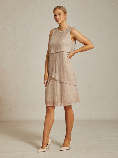 Metallic Pleated Chiffon Midi Dress with Beaded Round Neck