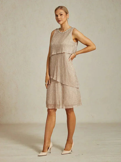 Metallic Pleated Chiffon Midi Dress with Beaded Round Neck