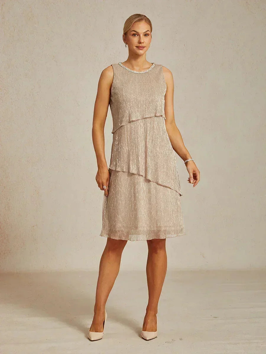 Metallic Pleated Chiffon Midi Dress with Beaded Round Neck – msglamor