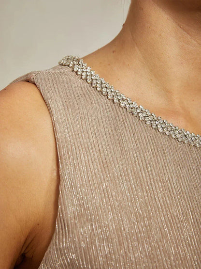 Metallic Pleated Chiffon Midi Dress with Beaded Round Neck