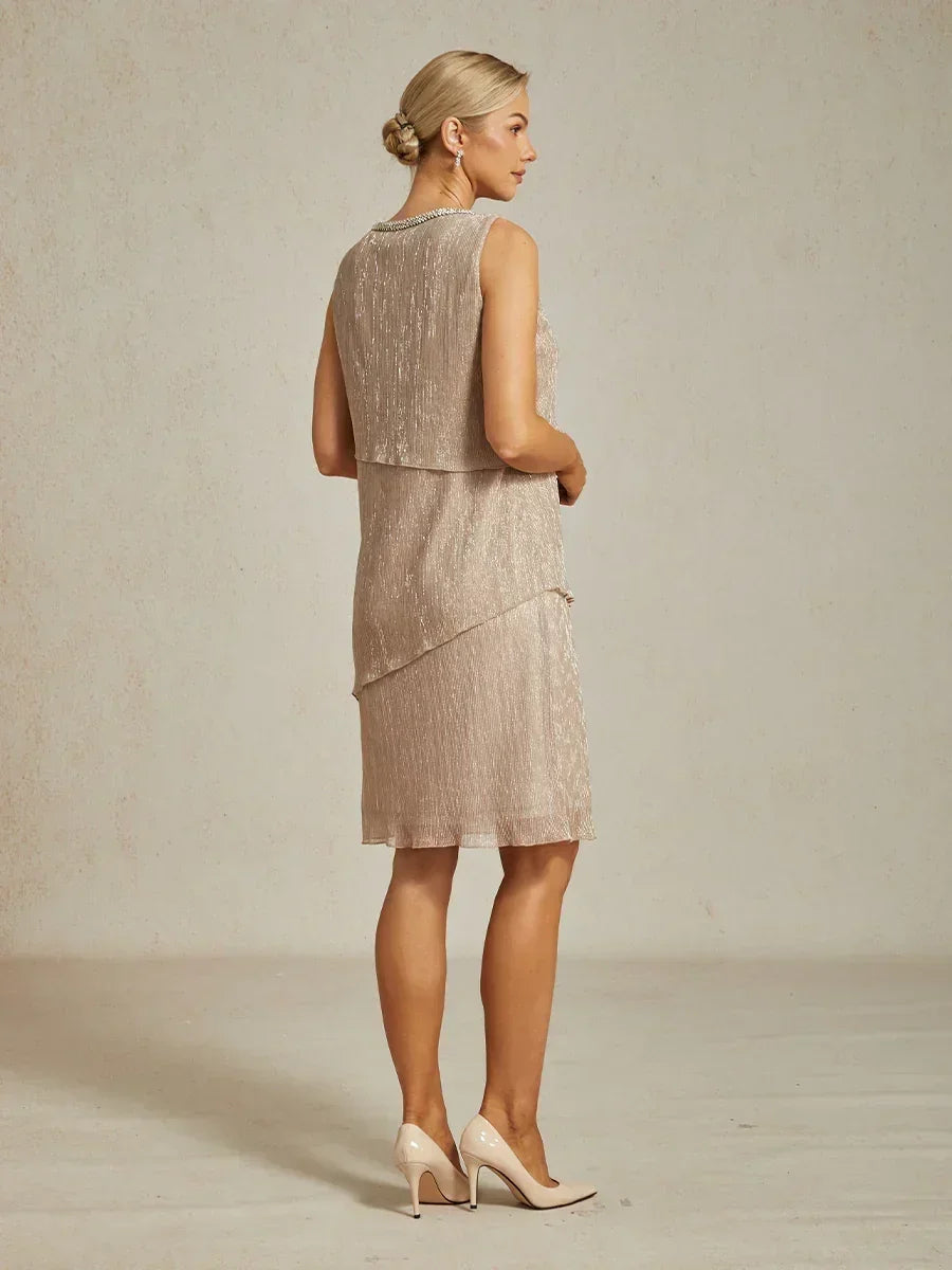 Metallic Pleated Chiffon Midi Dress with Beaded Round Neck