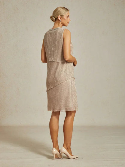 Metallic Pleated Chiffon Midi Dress with Beaded Round Neck