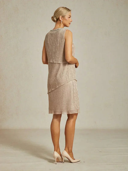 Metallic Pleated Chiffon Midi Dress with Beaded Round Neck