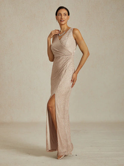 Metallic  Pleated Chiffon V-Neck Maxi Dress