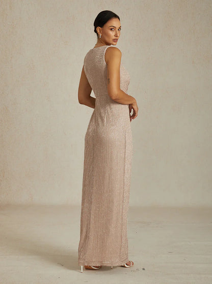 Metallic  Pleated Chiffon V-Neck Maxi Dress