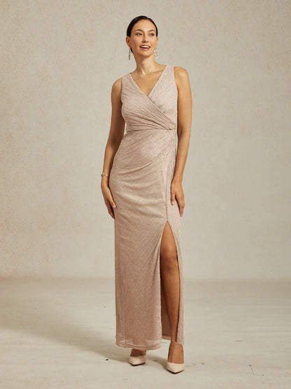 Metallic  Pleated Chiffon V-Neck Maxi Dress