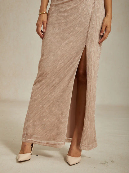 Metallic Pleated Chiffon Long Jacket Dress