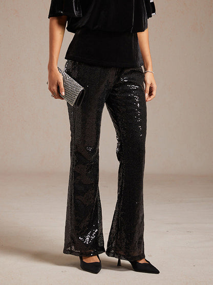 Sequin Flare Pants for Women with Elastic Waist