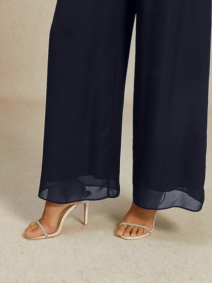 Mid-Rise Elastic Waist Wide-Leg Chiffon Pants