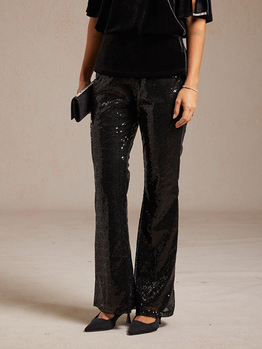 Sequin Flare Pants for Women with Elastic Waist