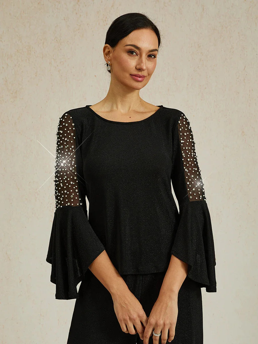 Metallic Gebreide Blouse met Kralen en Illusie-inzet