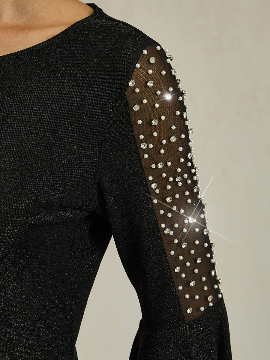 Metallic Gebreide Blouse met Kralen en Illusie-inzet