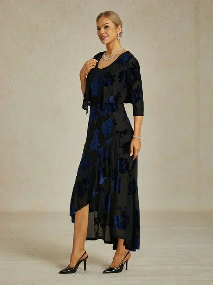 Velvet Floral Evening Gown with Asymmetrical Hem