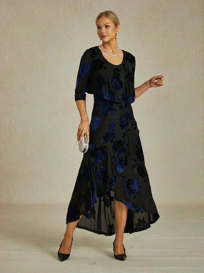 Velvet Floral Evening Gown with Asymmetrical Hem
