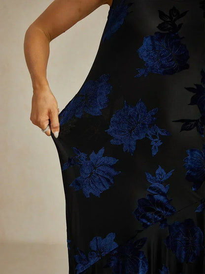 Velvet Floral Evening Gown with Asymmetrical Hem