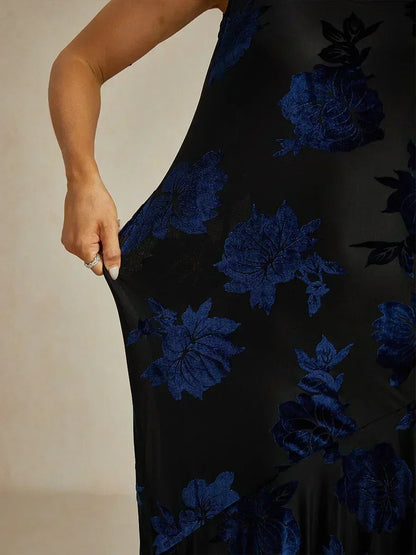 Navy Floral Chiffon Evening Gown with Asymmetrical Hem