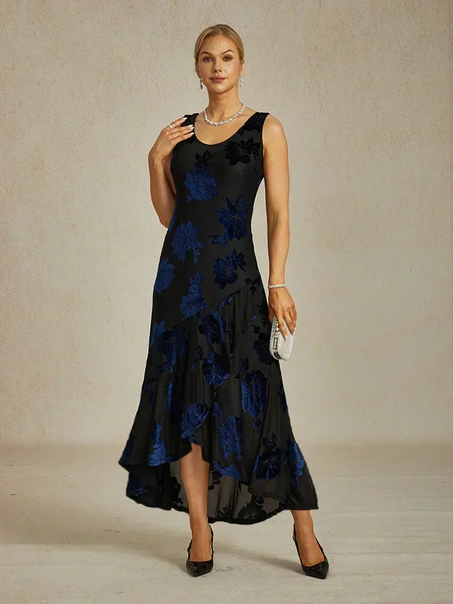 Navy Floral Chiffon Evening Gown with Asymmetrical Hem