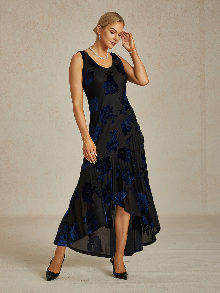 Velvet Floral Evening Gown with Asymmetrical Hem