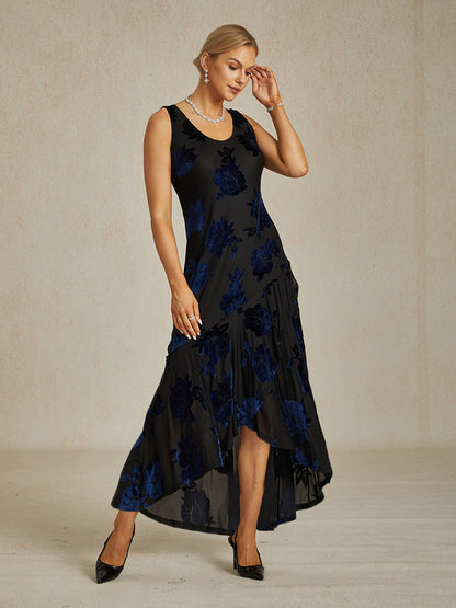 Velvet Floral Evening Gown with Asymmetrical Hem