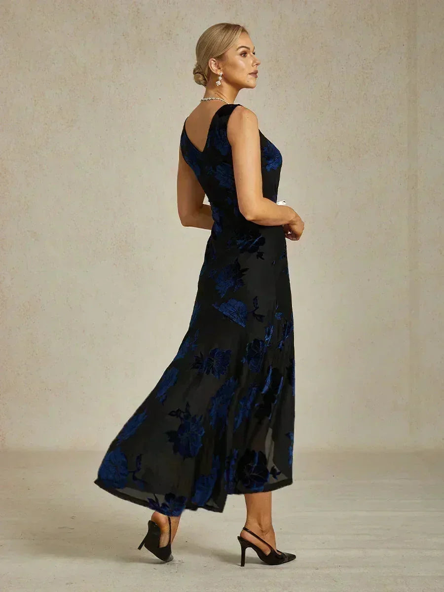 Velvet Floral Evening Gown with Asymmetrical Hem