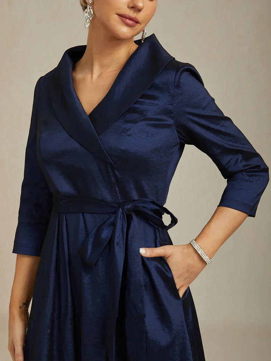 belted taffeta cocktail dress High Low Long Dress with Tie Belt Formal Taffeta Navy Blue 3 4 Sleeve Ankle Length Wedding Guest Fall Winter Elegant Glamorous, Navy Blue / S