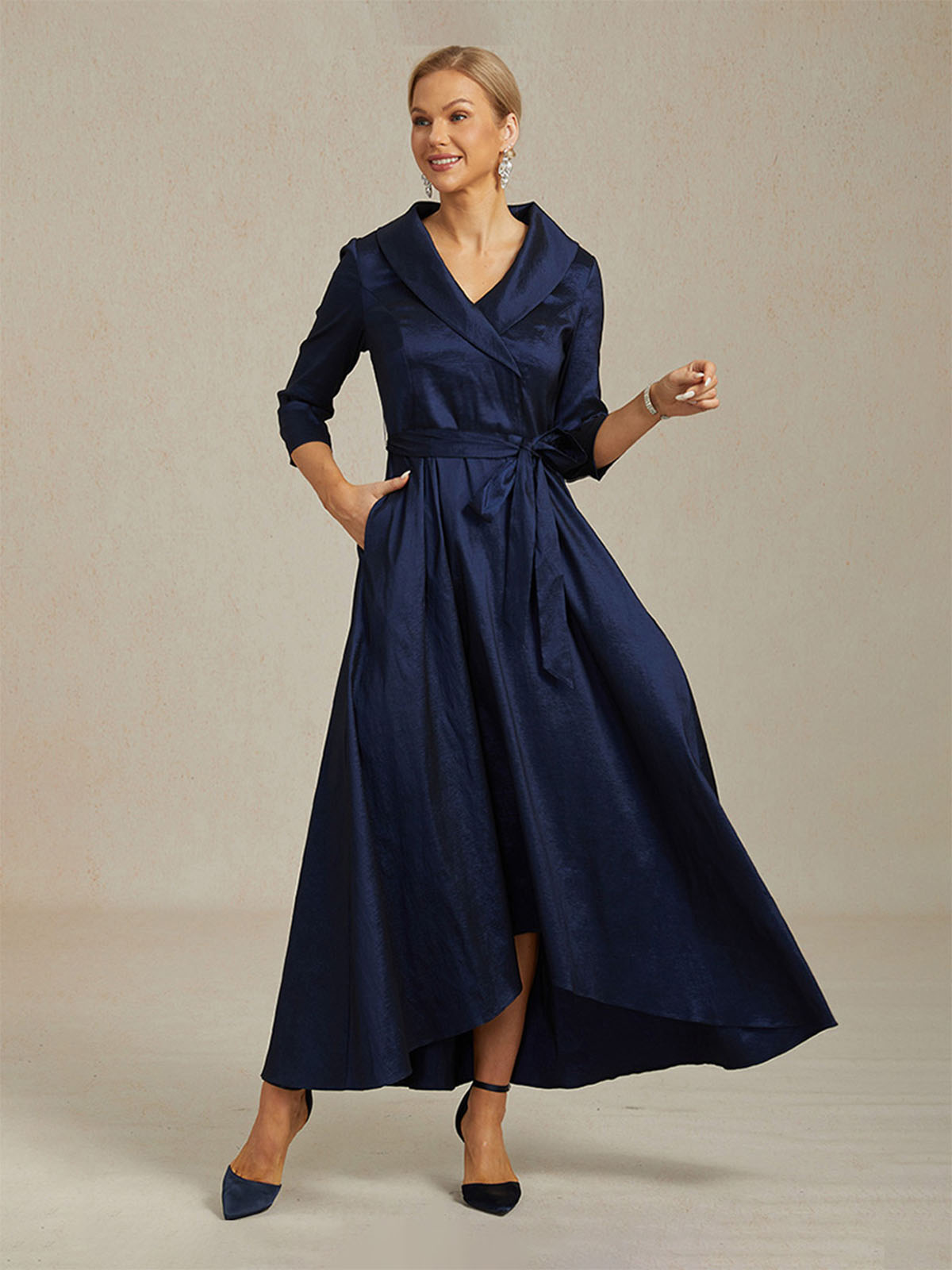 3 4 Sleeve Ankle Length Dress Semi Formal Taffeta High Low Evening Gown Red Navy Blue Green Elegant Classic 60 Year Old Women, Black / S