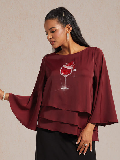 Satin Layered Bell Sleeve Top with Christmas Rhinestone