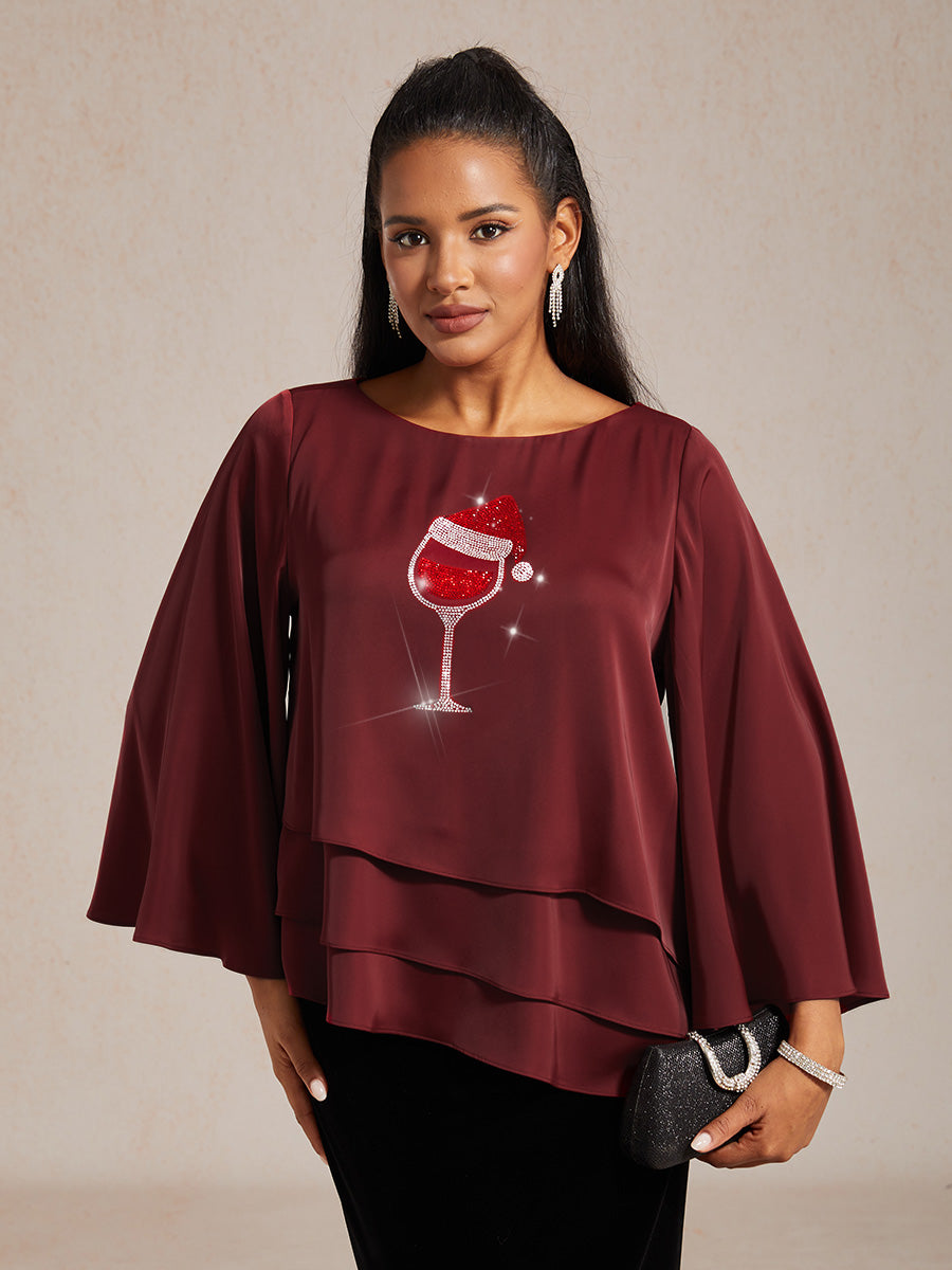 Satin Layered Bell Sleeve Top with Christmas Rhinestone